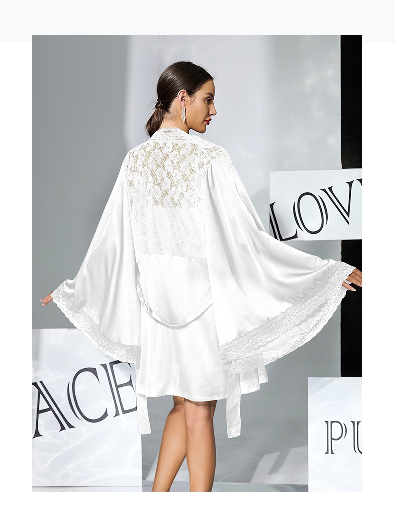 Womens Satin Lace Robe and Babydoll Nightgown Set - Sensual Chemise Sleepwear